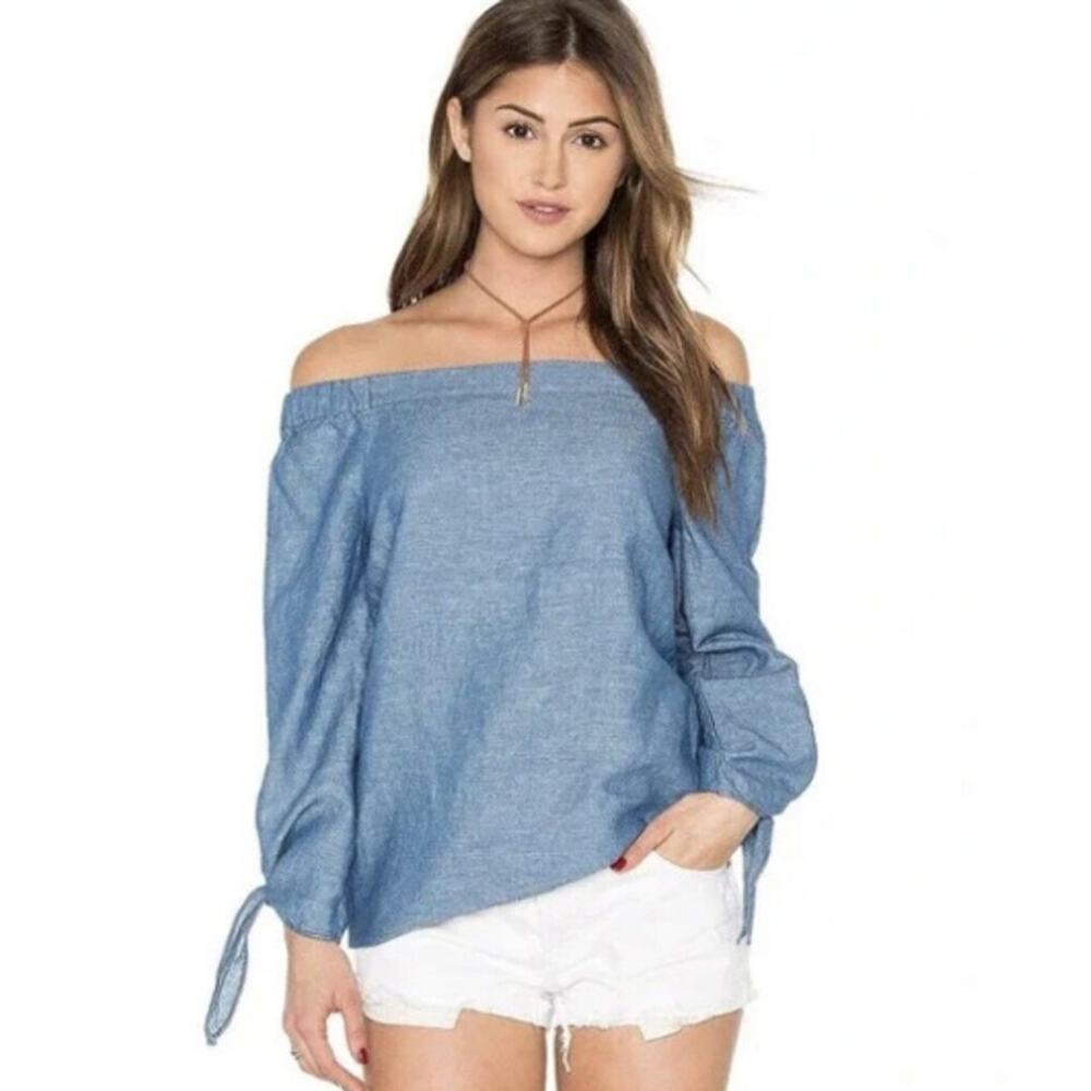 Free People Chambray Blue Show Me Off The Shoulder Tie Sleeve Top Womens XS